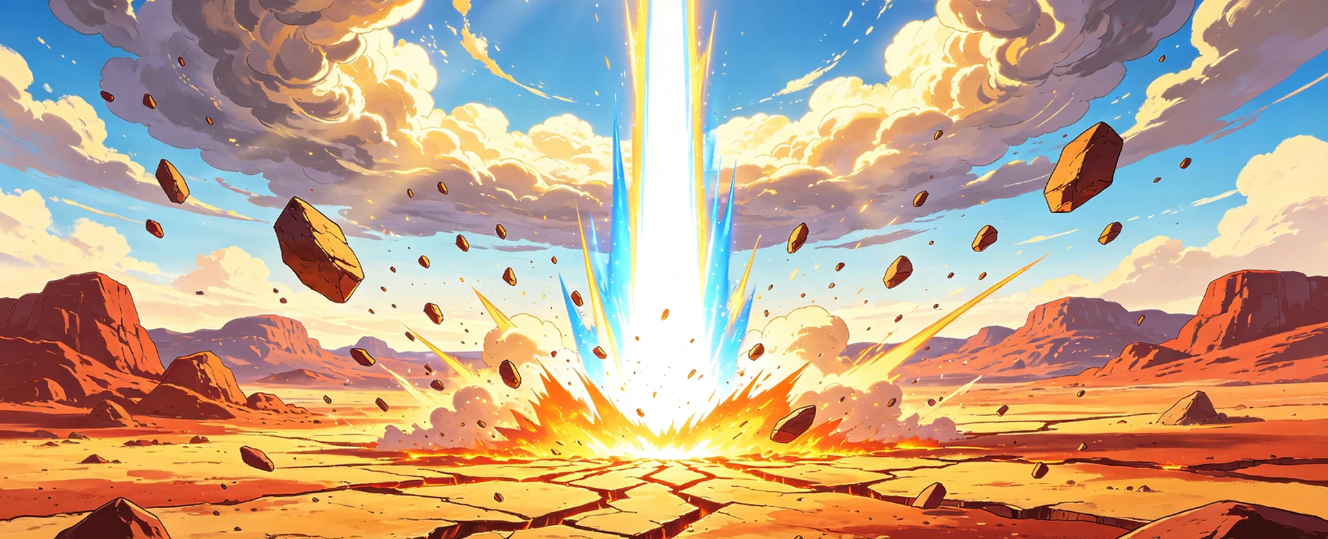 A golden pillar of energy striking a distant alien battlefield
